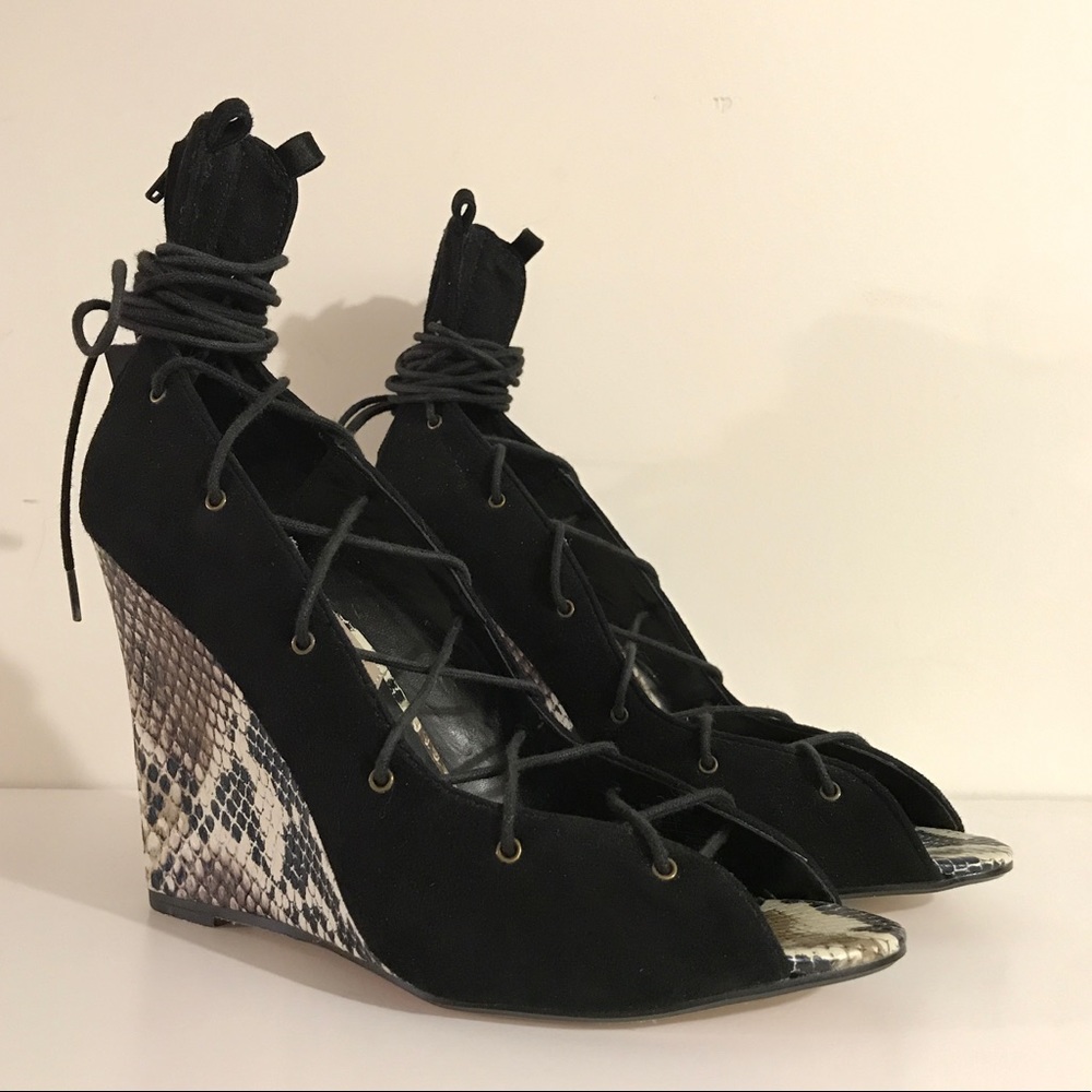 ZARA black lace up python snake wedges